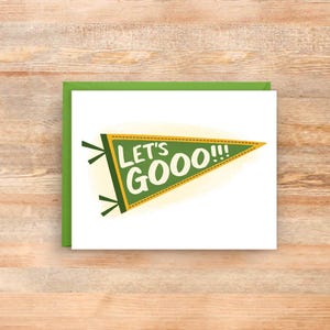 Cartão de esportes da escola LET'S GOOOOO, volta às aulas, cartão de incentivo, faixa verde e amarela, cartão de espírito de equipe, cartão de conquista