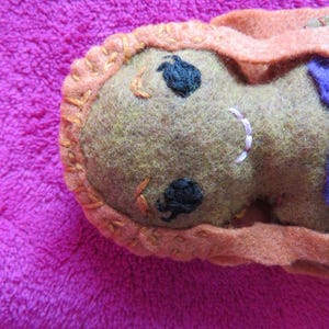 May include: A brown felt doll with orange hair and black eyes. The doll is lying on a pink fuzzy surface.