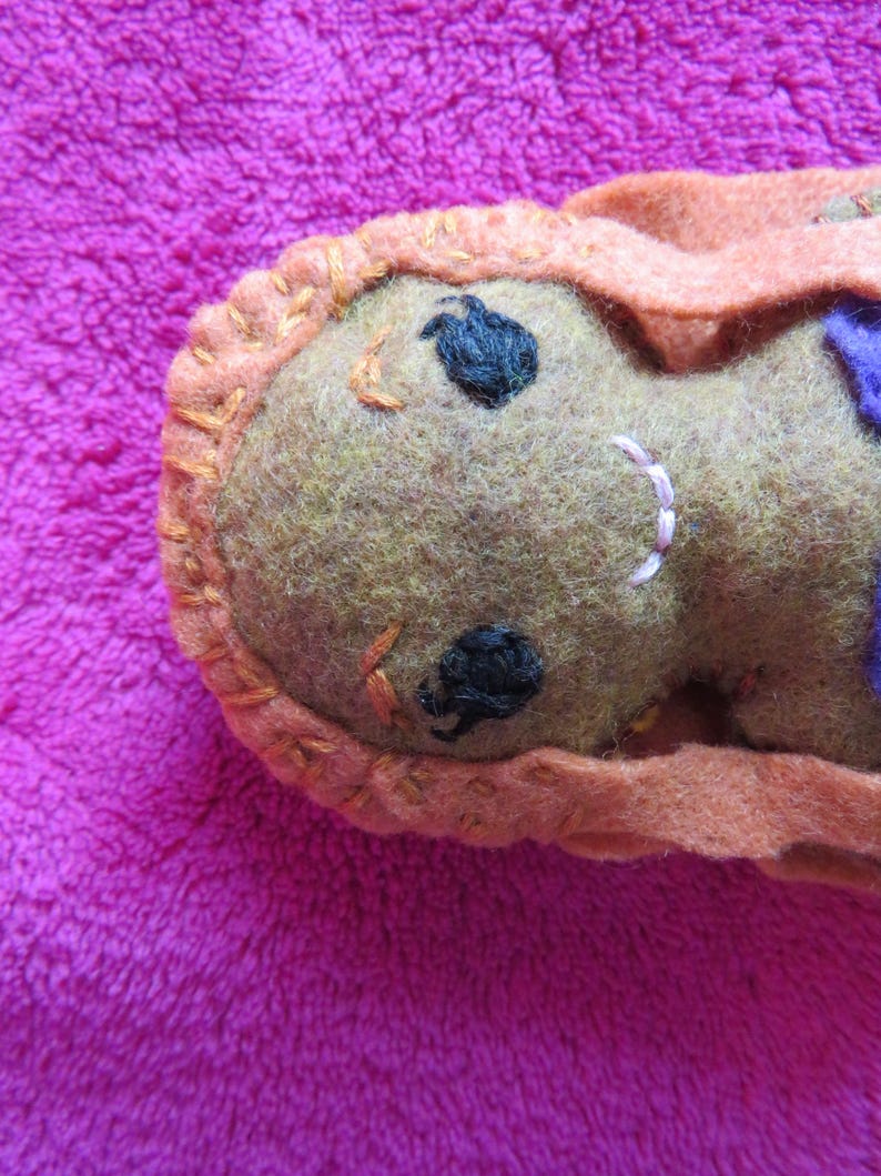 May include: A brown felt doll with orange hair and black eyes. The doll is lying on a pink fuzzy surface.