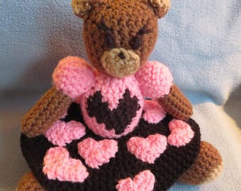 Crochet Valentine's Day Teddy Bear in Pink and Black Heart Dress