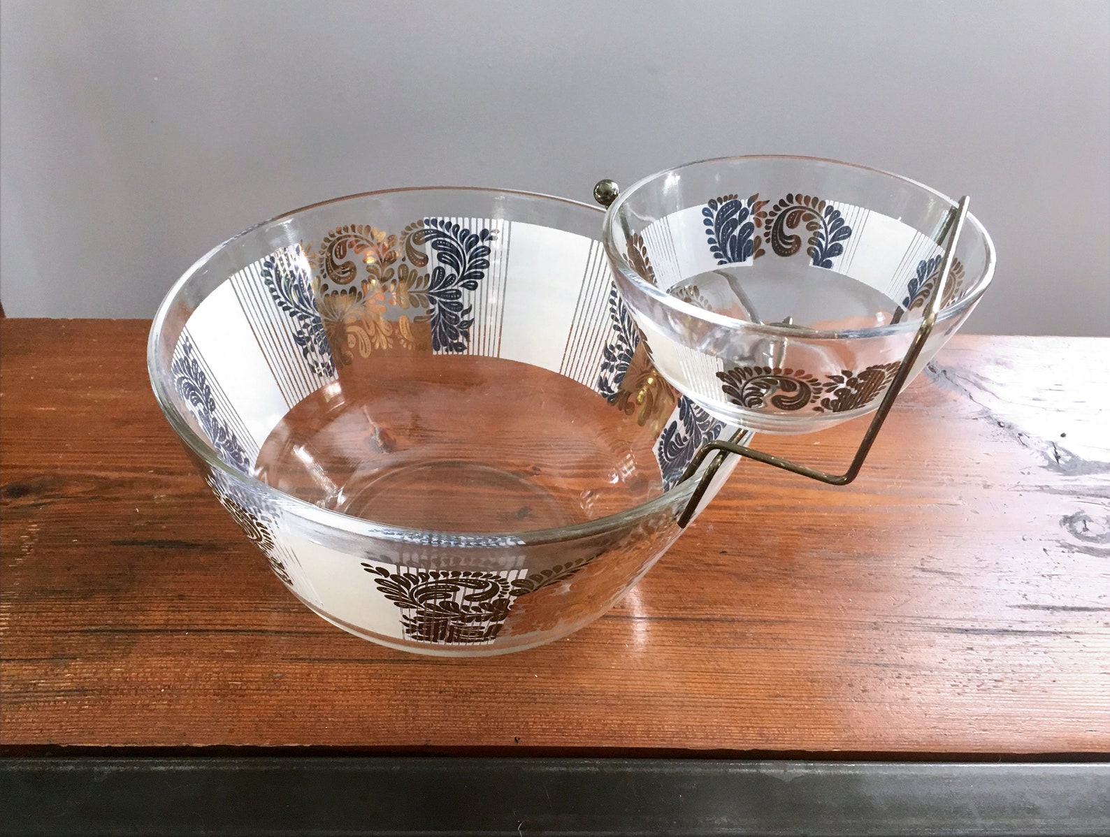 Vintage Mid Century Chip and Dip Bowls, Blue and Bronze Paisley Pattern