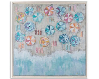 May include: A painting of a beach scene with colorful umbrellas and beach chairs. The umbrellas are arranged in a random pattern on the sand, with the ocean in the background. The painting is done in a loose, impressionistic style.