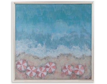 May include: A painting of a beach scene with blue water, white waves, and a sandy beach. There are several red and white striped beach umbrellas on the sand.