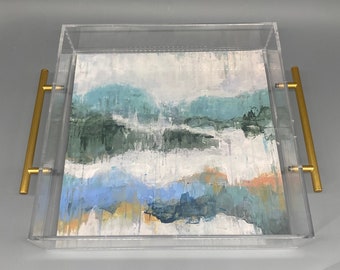 Acrylic Tray with Abstract Beach Art for Wedding Gift Tray for Home Decor blue and green Abstract Painting Art Tray for Bar Organizer gift