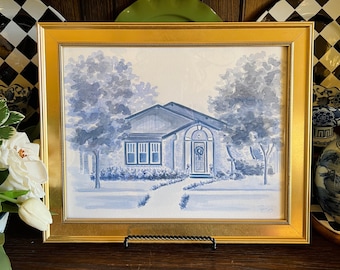 Hand Painted Blue and White House Watercolor Chinoiserie Style Art Blue and White Artwork Toile Painting Grandmillennial Original House Art