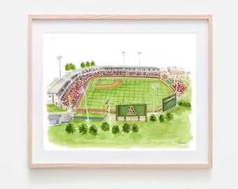 Baum Walker Stadium Art Arkansas Afstudeercadeau UARK Gift Dorm Decor Arkansas Aquarel UARK Keepsake Office Artwork Baseball Stadium Art