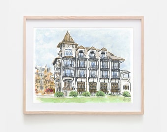 De Pearl Hotel Art Print 30A Art Rosemary Beach schilderij aquarel trouwlocatie kunst verjaardag cadeau vakantie aandenken Rosemary Beach kunst