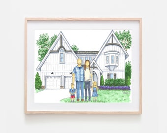 HANDMADE family portrait with house in the background