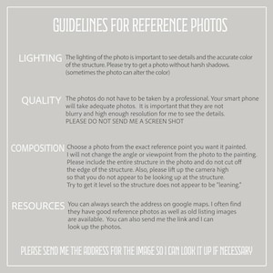 May include: A light gray informational graphic with white text titled GUIDELINES FOR REFERENCE PHOTOS. It lists instructions for lighting, quality, composition, and resources, ending with a request to send the address for the image.