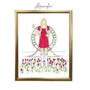 May include: A hand-drawn illustration of a person in a red dress standing in front of the Texas Tech University seal. The person is wearing white cowboy boots and is holding up a peace sign. The seal is surrounded by red tulips.