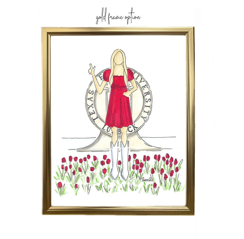 May include: A hand-drawn illustration of a person in a red dress standing in front of the Texas Tech University seal. The person is wearing white cowboy boots and is holding up a peace sign. The seal is surrounded by red tulips.