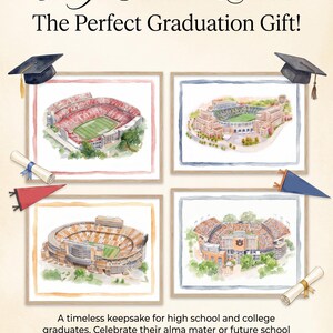 Pode incluir: Quatro impress&otilde;es em aguarela emolduradas de est&aacute;dios universit&aacute;rios dispostas numa grelha. O texto diz College Stadium Prints: The Perfect Graduation Gift! Uma recorda&ccedil;&atilde;o intemporal para graduados do ensino secund&aacute;rio e superior. Celebre a sua alma mater ou futura escola com estas deslumbrantes impress&otilde;es em aguarela! Inclui ilustra&ccedil;&otilde;es de capelos, diplomas e galhardetes.