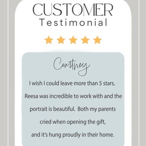 May include: A customer testimonial graphic featuring the text CUSTOMER Testimonial, five yellow stars, and a review from Courtney stating: I wish I could leave more than 5 stars. Reesa was incredible to work with and the portrait is beautiful.