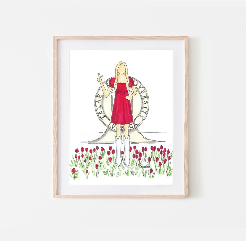 May include: A hand-drawn illustration of a woman in a red dress and white boots standing in front of the Texas Tech University seal. The seal is surrounded by red tulips.