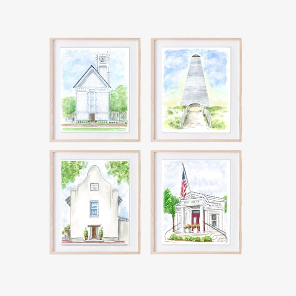 30A Set of 4 Art Prints Seaside Florida Rosemary Beach Watercolor Alys Beach Art Seacrest Prints Watercolor Florida Watersound Beach Club