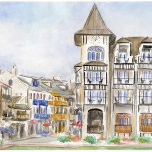 Rosemary Beach Art Print 30A Art Watercolor Painting of Main Street Rosemary Beach Pearl Hotel Rosemary Beach Watercolor 30A Western Green