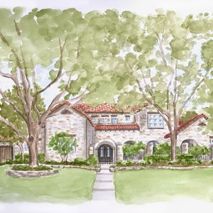 May include: A watercolor painting of a two-story stone house with a red tile roof, arched entryway, and dark metal gate. The house is surrounded by large green trees and a manicured lawn, with a straight stone path leading to the front entrance.
