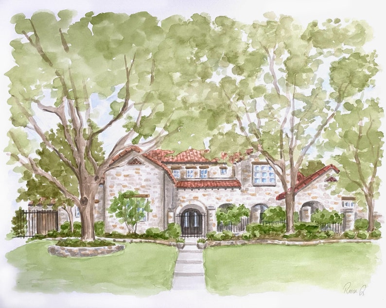 May include: A watercolor painting of a two-story stone house with a red tile roof, arched entryway, and dark metal gate. The house is surrounded by large green trees and a manicured lawn, with a straight stone path leading to the front entrance.