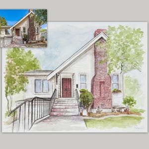 May include: A watercolor painting of a house with white siding, a prominent red brick chimney, and a dark brown front door. The scene includes a set of concrete steps leading to the entrance, a black metal railing, and green trees on both sides.