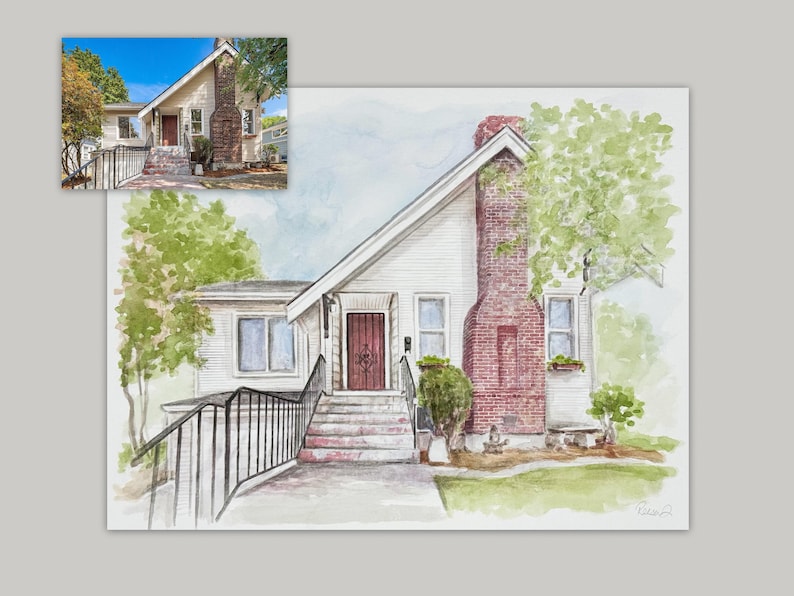 May include: A watercolor painting of a house with white siding, a prominent red brick chimney, and a dark brown front door. The scene includes a set of concrete steps leading to the entrance, a black metal railing, and green trees on both sides.