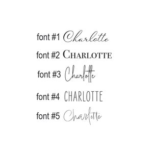 May include: Five different font styles of the name Charlotte. The first font is a cursive script, the second is all caps, the third is a cursive script, the fourth is all caps, and the fifth is a cursive script.