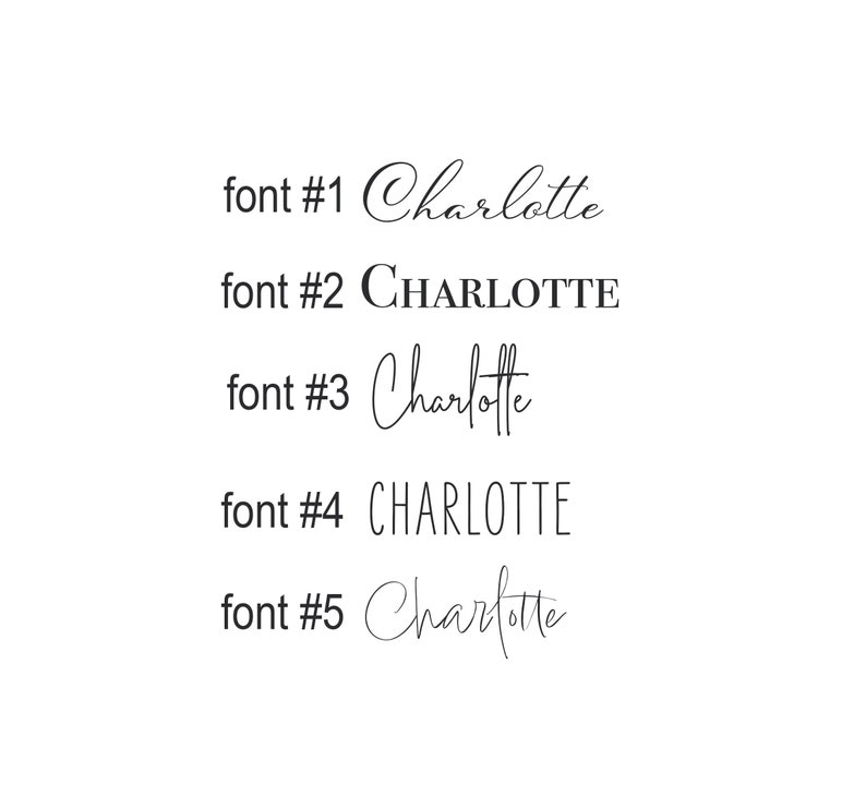 May include: Five different font styles of the name Charlotte. The first font is a cursive script, the second is all caps, the third is a cursive script, the fourth is all caps, and the fifth is a cursive script.