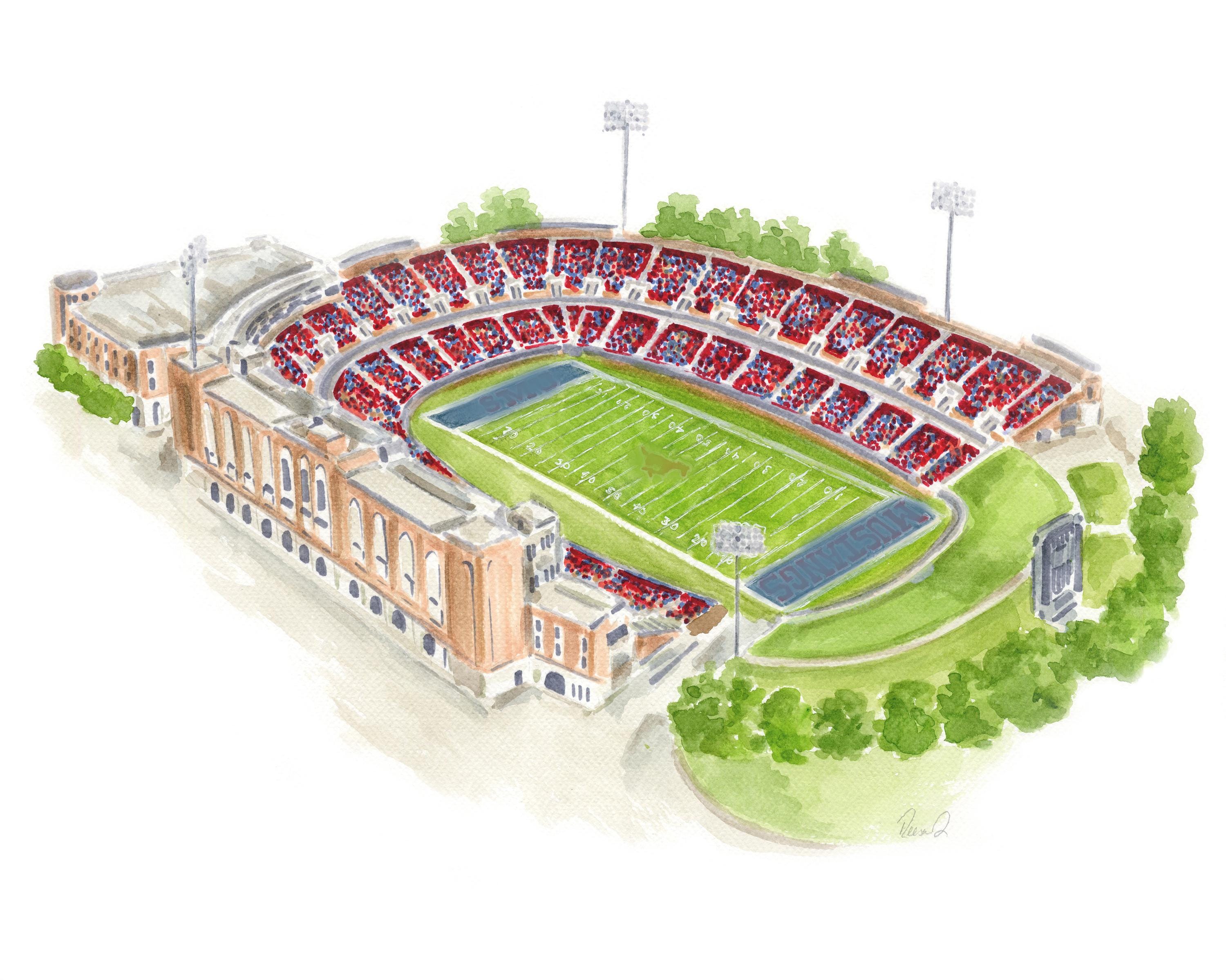 Gerald J. Ford Stadium Art: SMU Mustangs Watercolor Print