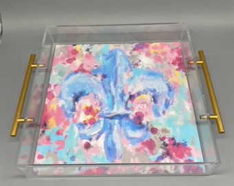 Kappa Kappa Gamma Acrylic Tray with Art for Sorority Gift for Dorm Decor Art Abstract Painting with Fleur De Lis Christmas Gift for Kappa