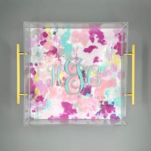 Personalized Acrylic Tray with Name Art for Wedding Gift Home Decor Abstract Clear Tray Gold Handles Christmas Gift for Home Personalized