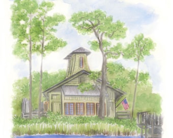 Watercolor Boathouse Art Print: 30A Florida Coastal Decor
