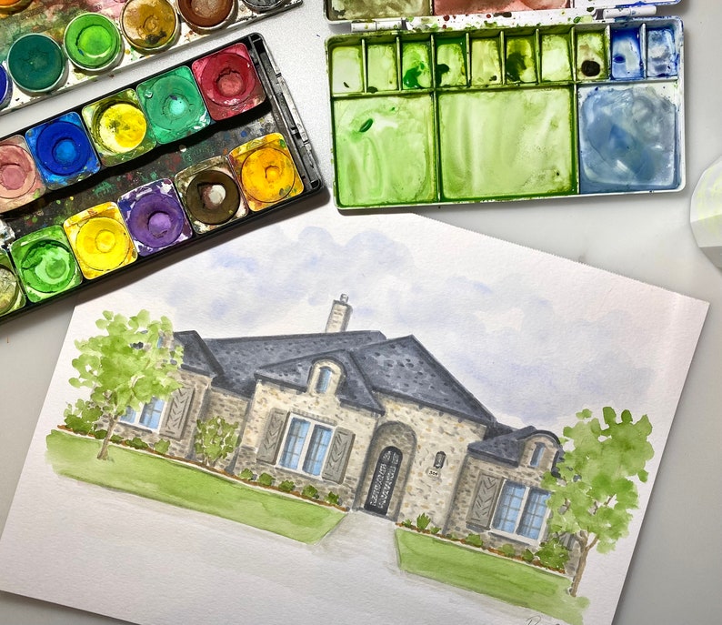 Handgeschilderde huis aquarel originele huis schilderij aangepaste kunst van huis Inwijdingsfeest cadeau makelaar cadeau huis schilderij aangepaste huis schets afbeelding 7