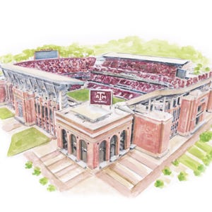 May include: Watercolor illustration of a large stadium with red seating and a green field. The stadium has a brick facade and a sign with the letters "A&M". Green trees are in the background.