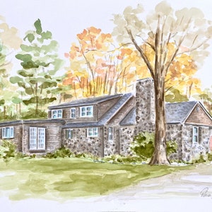 May include: A watercolor painting of a two-story house with a stone facade and dark wood siding. The structure features a prominent stone chimney, multiple windows, and a gabled roof. The house is surrounded by autumn trees with yellow and green leaves.