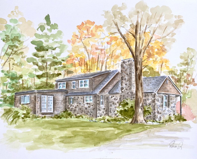 May include: A watercolor painting of a two-story house with a stone facade and dark wood siding. The structure features a prominent stone chimney, multiple windows, and a gabled roof. The house is surrounded by autumn trees with yellow and green leaves.