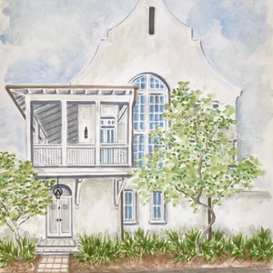 May include: A watercolor painting of a white building with a gabled roof, a covered porch, and a large arched window. The structure features double doors, multiple rectangular windows, and is surrounded by green trees and shrubs on a wooden deck.