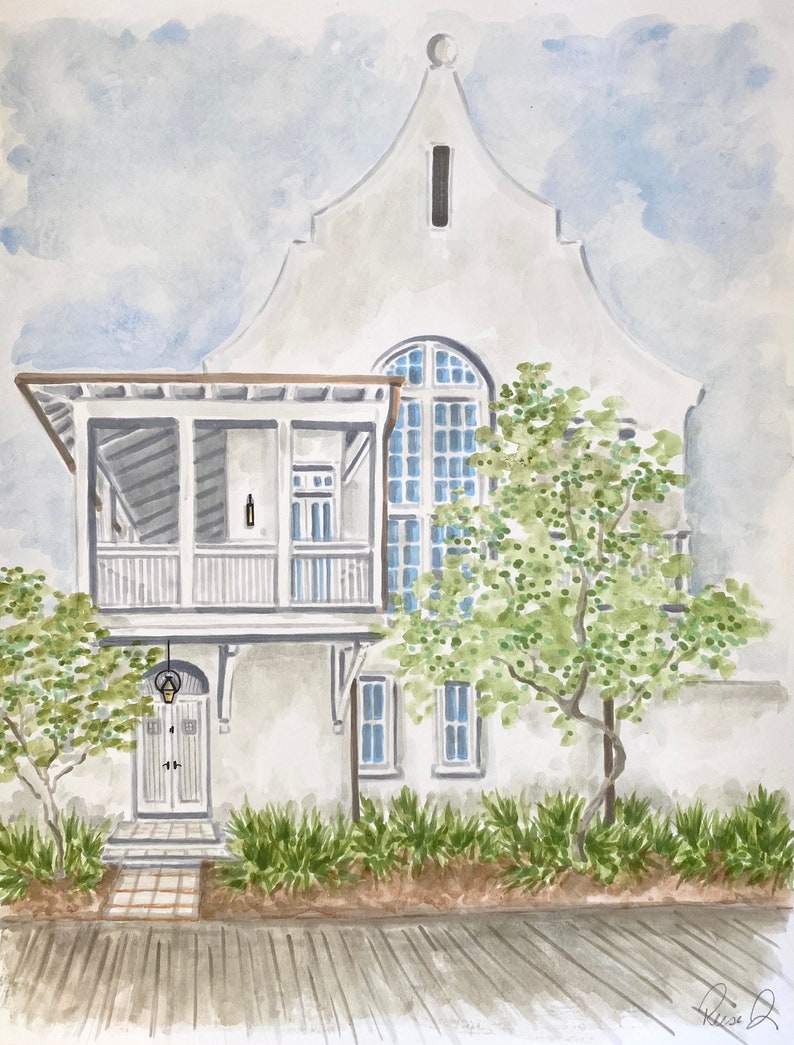 May include: A watercolor painting of a white building with a gabled roof, a covered porch, and a large arched window. The structure features double doors, multiple rectangular windows, and is surrounded by green trees and shrubs on a wooden deck.
