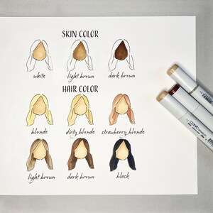 May include: A chart with illustrations of different skin and hair colors. The chart includes the following skin colors: white, light brown, and dark brown. The chart includes the following hair colors: blonde, dirty blonde, strawberry blonde, light brown, dark brown, and black.