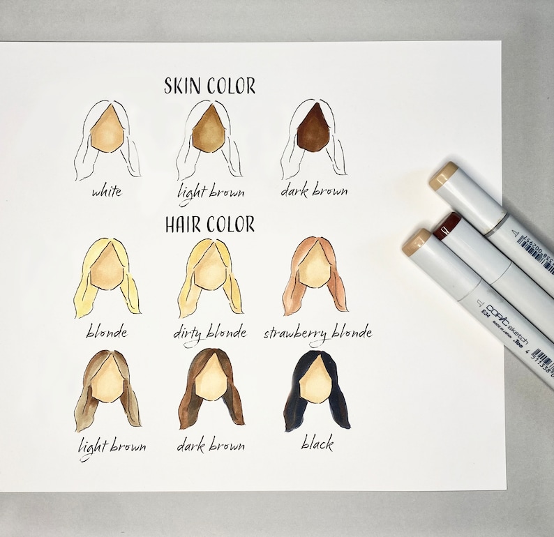 May include: A chart with illustrations of different skin and hair colors. The chart includes the following skin colors: white, light brown, and dark brown. The chart includes the following hair colors: blonde, dirty blonde, strawberry blonde, light brown, dark brown, and black.