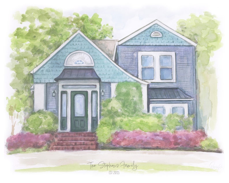 May include: A watercolor painting of a two-story house with blue siding, a dark green front door, and a brick staircase. The text The Stephens Family EST 2015 is written at the bottom. Lush green trees and pink bushes surround the home exterior.