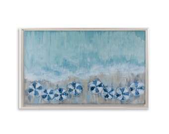 May include: A painting of a beach scene with blue and white striped umbrellas on the sand. The sky is a light blue and the water is a turquoise color.