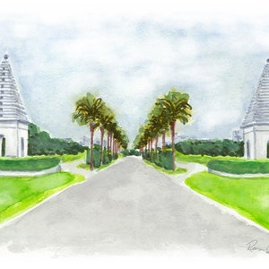 May include: A watercolor painting of a long, paved road lined with palm trees leading to two white, pyramid-shaped structures with arched doorways.