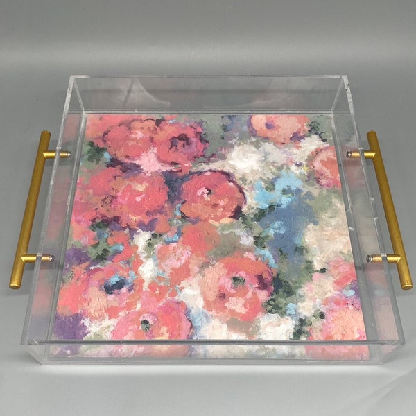 Acrylic Tray with Floral Art for Wedding Gift Tray for Home Decor Colorful Floral Painting Art Tray for Bar Organizer Gift for Chirstmas