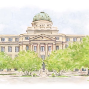 May include: A watercolor painting of a large, beige building with a green dome. The building has many windows and a symmetrical design. There are trees in front of the building.
