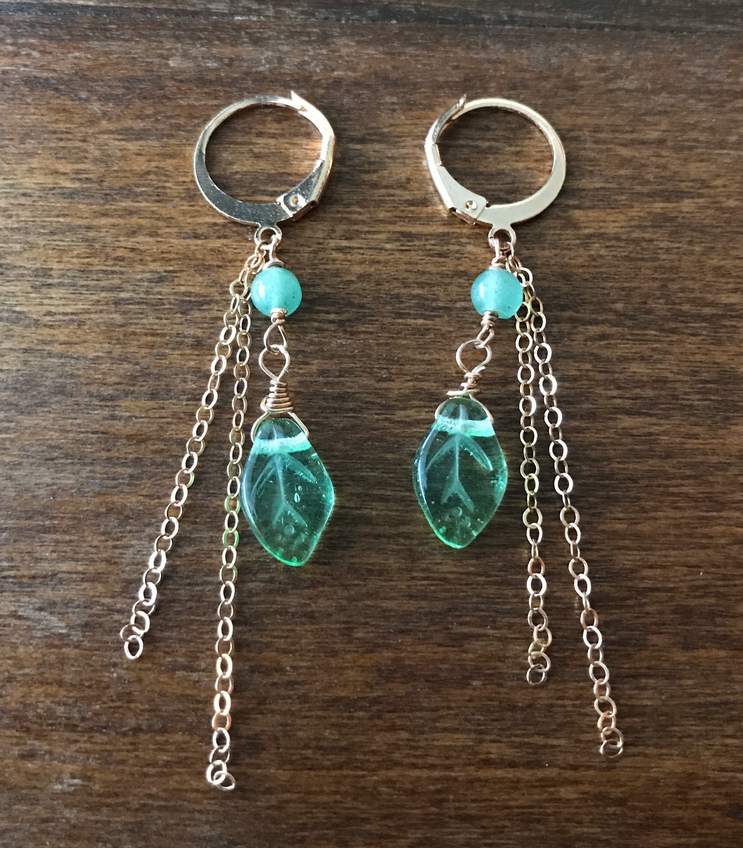 14 k Rose Gold Filled Dangle Earrings Czech Glass Leaves and Jade ...