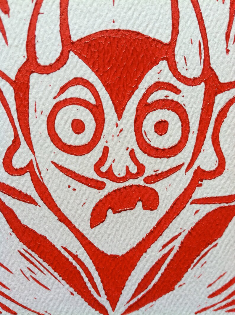 One Super Cute Devil saying Huh Original Linocut Etsy