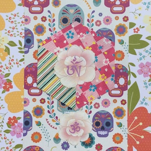 Happy Skull OM AH HUM Hexagon Mixed Media Art Collage 6x8