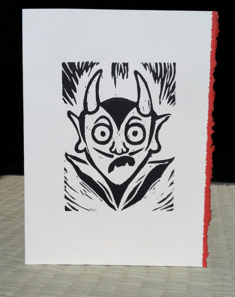 One Super Cute Devil saying Huh Original Linocut Etsy