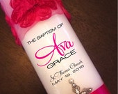 Personalize Custom Hot Pink Girl Baptism Christening Candle - Chiffon Rose with Rhinestone Cross