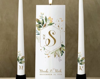 Unity Candle Wedding Set Personalize Rustic  - Monogram green leaves HOLDER NOT INCLUED