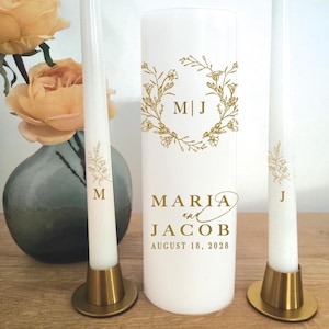 Personalized Wedding Unity Candle Set: Gold Laurel Wreath Monogram